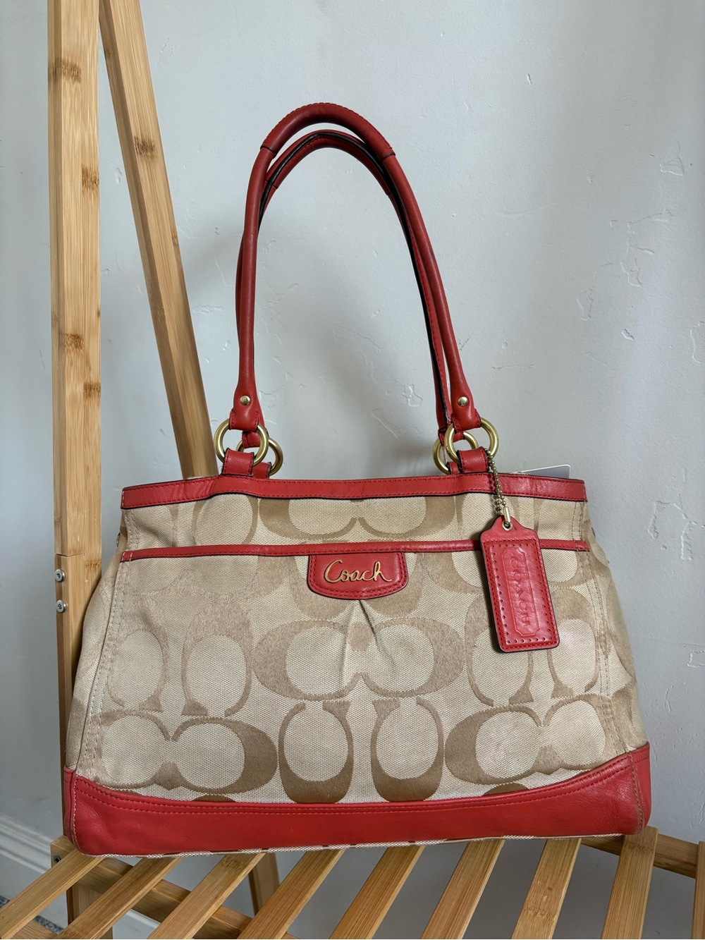 Coach Beige Signature Canvas Tote with orange trim